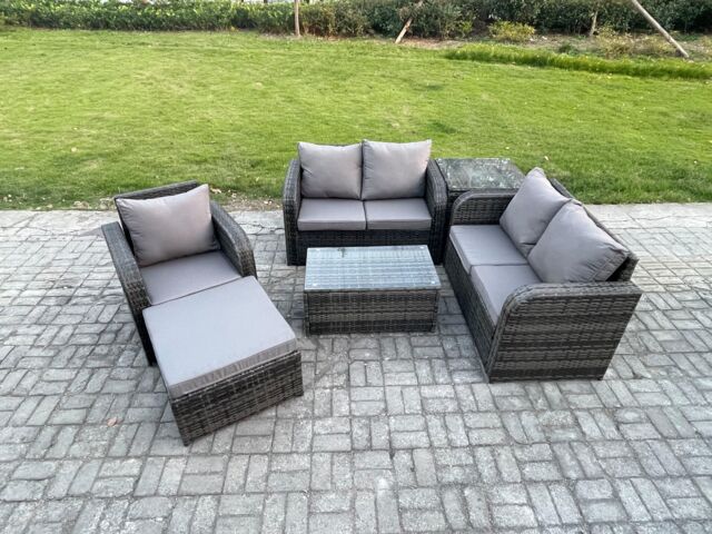 Fimous High Back Rattan Garden Furniture Set w/ Loveseat Sofa Rectangular Coffee Table Big Footstool Side Table Indoor Outdoor Patio Lounge Sofa Set - image 1
