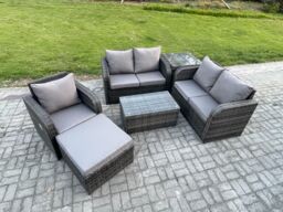Fimous High Back Rattan Garden Furniture Set w/ Loveseat Sofa Rectangular Coffee Table Big Footstool Side Table Indoor Outdoor Patio Lounge Sofa Set - thumbnail 2