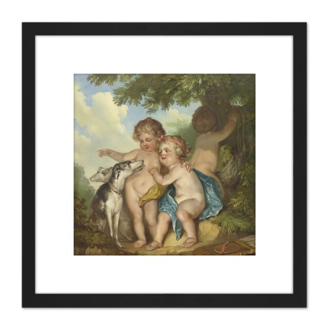 Artery8 Andriessen Three Children With Two Dogs 8X8 Inch Square Wooden Framed Wall Art Print Picture with Mount in Black - image 1