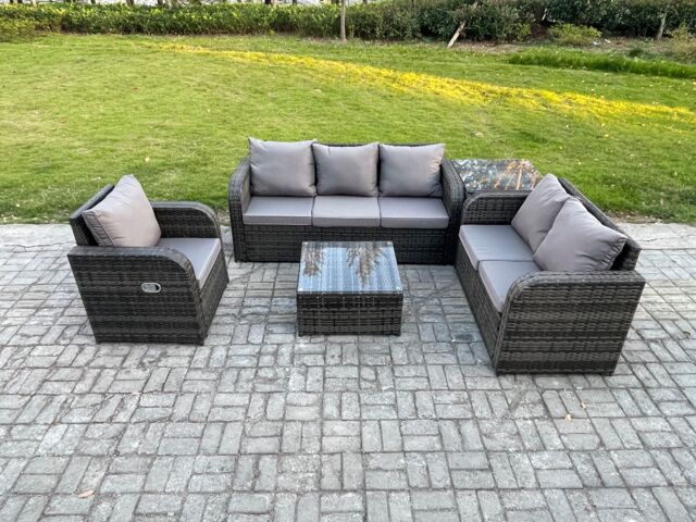 Fimous Rattan Garden Furniture 5 Piece Patio Set With Table Sofa Square Coffee Table Reclining Chair Loveseat sofa Side Table in Dark Grey - image 1