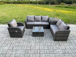 Fimous Rattan Garden Furniture 5 Piece Patio Set With Table Sofa Square Coffee Table Reclining Chair Loveseat sofa Side Table in Dark Grey - thumbnail 1