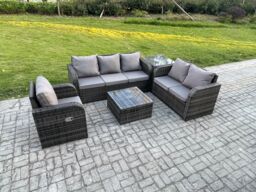 Fimous Rattan Garden Furniture 5 Piece Patio Set With Table Sofa Square Coffee Table Reclining Chair Loveseat sofa Side Table in Dark Grey - thumbnail 2