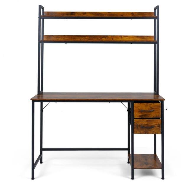 Kelvenix Computer Desk with Hutch Industrial Workstation Desk for Study in Brown - Size: 0.6m2 - image 1