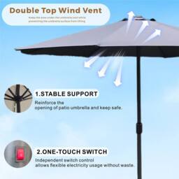 MIMO Outdoor Parasol with LED Lights, Crank Table Sun Umbrella for Garden in Grey - Size: 1 Pack - thumbnail 3