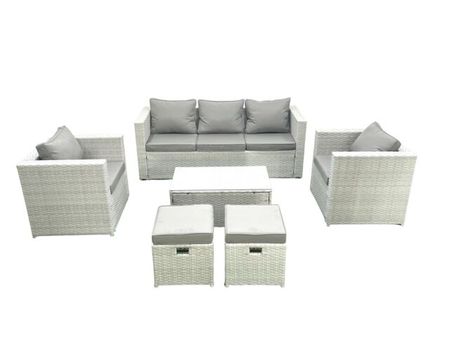 Fimous Rattan Garden Furniture Set with 3 Seater Sofa 2 Chair Rectangular Coffee Table 2 Small Footstools Light Grey Mixed 7 Seater - image 1