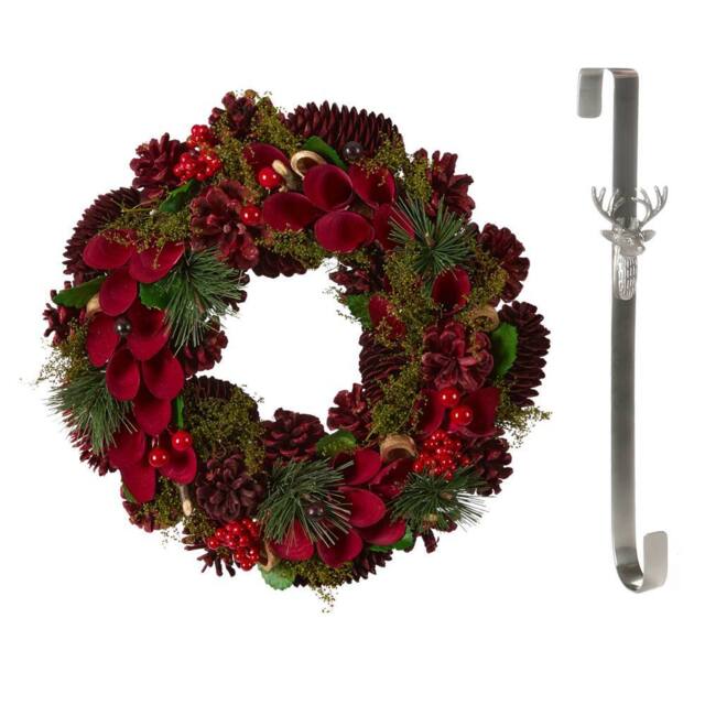 Dibor 30cm Cluster Berries Christmas Wreath with Stag Wreath Hanger in Red - image 1
