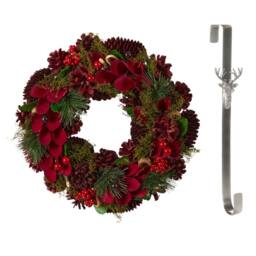Dibor 30cm Cluster Berries Christmas Wreath with Stag Wreath Hanger in Red