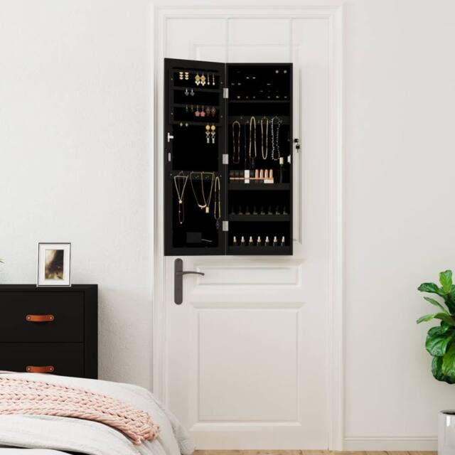 Berkfield Home Mirror Jewellery Cabinet with LED Lights Wall Mounted Black - image 1