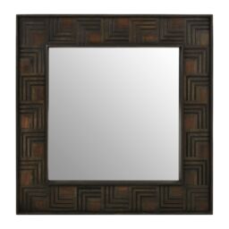 Orsina Boho Square Wall Mirror, Weathered Dark Mango Wood Frame With Carved Detail, Decorative Mirror in Brown