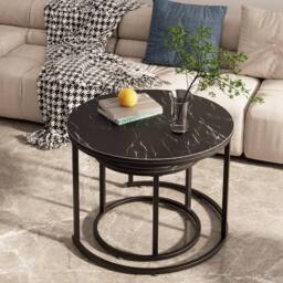 Huhote Round Nesting Coffee Tables 2 Set End Side Table Black Marble Finish - thumbnail 3