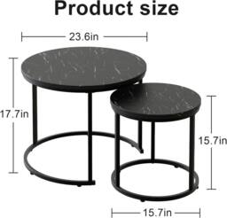 Huhote Round Nesting Coffee Tables 2 Set End Side Table Black Marble Finish - thumbnail 9