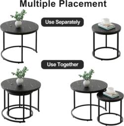 Huhote Round Nesting Coffee Tables 2 Set End Side Table Black Marble Finish - thumbnail 6