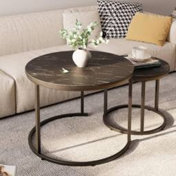 Huhote Round Nesting Coffee Tables 2 Set End Side Table Black Marble Finish - thumbnail 1