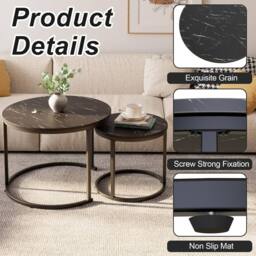 Huhote Round Nesting Coffee Tables 2 Set End Side Table Black Marble Finish - thumbnail 5