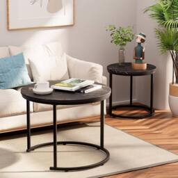 Huhote Round Nesting Coffee Tables 2 Set End Side Table Black Marble Finish - thumbnail 7