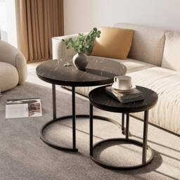 Huhote Round Nesting Coffee Tables 2 Set End Side Table Black Marble Finish - thumbnail 4