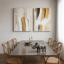 "Mafett Set of 2 Abstract Canvas Prints Gold White Black Flat Effect - Size: W24"" x H32"""