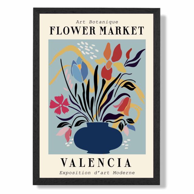 ARTZE Valencia Blue & Pink Flower Market Exhibition Framed Print SIZE: A2 with Black Frame in Mid Blue - Size: A4 - image 1