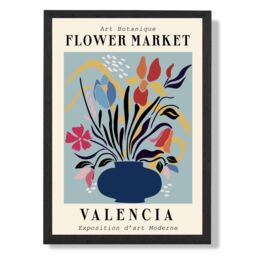 ARTZE Valencia Blue & Pink Flower Market Exhibition Framed Print SIZE: A2 with Black Frame in Mid Blue - Size: A4 - thumbnail 1