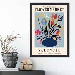 ARTZE Valencia Blue & Pink Flower Market Exhibition Framed Print SIZE: A2 with Black Frame in Mid Blue - Size: A4 - thumbnail 2