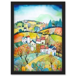 Artery8 English Country Rural Landscape Folk Art Watercolour Painting Artwork Framed Wall Art Print A4 in Black - thumbnail 1