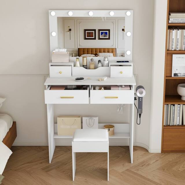 Matteo Hollywood Vanity Dressing Table - 9 Bulbs, Mirror, 4 Drawers in White - image 1