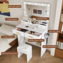 Matteo Hollywood Vanity Dressing Table - 9 Bulbs, Mirror, 4 Drawers in White - thumbnail 4
