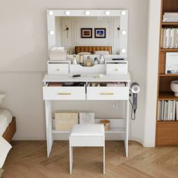 Matteo Hollywood Vanity Dressing Table - 9 Bulbs, Mirror, 4 Drawers in White - thumbnail 1