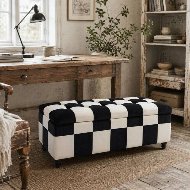 Wyld Haus Tava Velvet Feel Black & White Storage Bench with Wooden Legs - image 1