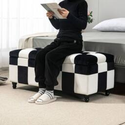 Wyld Haus Tava Velvet Feel Black & White Storage Bench with Wooden Legs - thumbnail 8