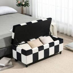 Wyld Haus Tava Velvet Feel Black & White Storage Bench with Wooden Legs - thumbnail 9
