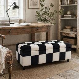 Wyld Haus Tava Velvet Feel Black & White Storage Bench with Wooden Legs - thumbnail 1