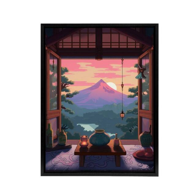 "Artery8 Japanese Tea House Mount Fuji Sunset View Framed Canvas Wall Art Print in Pink - Size: W24"" x H32""" - image 1