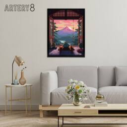 "Artery8 Japanese Tea House Mount Fuji Sunset View Framed Canvas Wall Art Print in Pink - Size: W24"" x H32""" - thumbnail 3