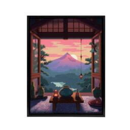"Artery8 Japanese Tea House Mount Fuji Sunset View Framed Canvas Wall Art Print in Pink - Size: W24"" x H32""" - thumbnail 1