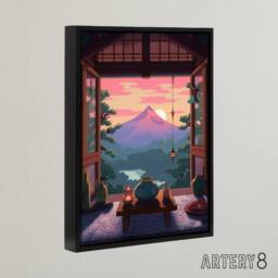 "Artery8 Japanese Tea House Mount Fuji Sunset View Framed Canvas Wall Art Print in Pink - Size: W24"" x H32""" - thumbnail 2