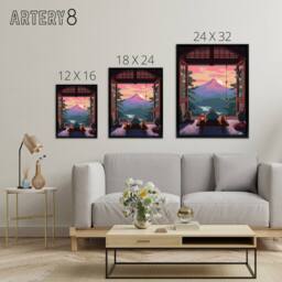 "Artery8 Japanese Tea House Mount Fuji Sunset View Framed Canvas Wall Art Print in Pink - Size: W24"" x H32""" - thumbnail 4