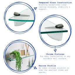 Harbour Housewares Floating Glass Corner Shelf - 30cm - Bathroom Storage Display Unit in Silver - thumbnail 2