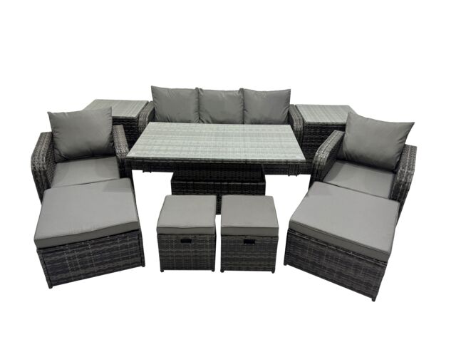 Fimous Rattan Garden Furniture Dining Set with 2 Side Table 2 Big Footstool in Dark Grey - image 1