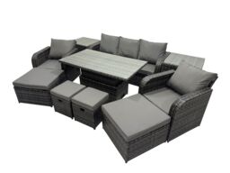 Fimous Rattan Garden Furniture Dining Set with 2 Side Table 2 Big Footstool in Dark Grey - thumbnail 2