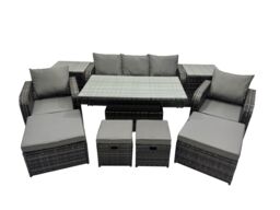 Fimous Rattan Garden Furniture Dining Set with 2 Side Table 2 Big Footstool in Dark Grey - thumbnail 1