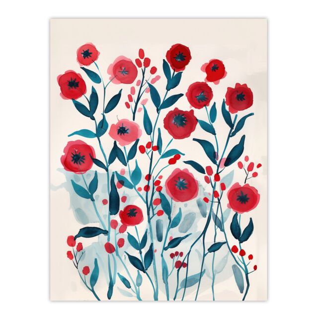 "Artery8 Poppy Flowers Red Teal Bright Floral Watercolour Wall Art Print - Size: W18"" x H24""" - image 1