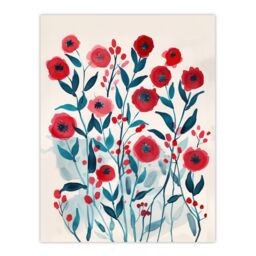 "Artery8 Poppy Flowers Red Teal Bright Floral Watercolour Wall Art Print - Size: W18"" x H24""" - thumbnail 1