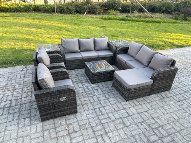 Fimous High Back Rattan Garden Furniture Set with Square Coffee Table 2 Side Tables Big Footstool Indoor Outdoor Patio Lounge Sofa Set in Dark Grey - image 1