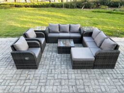 Fimous High Back Rattan Garden Furniture Set with Square Coffee Table 2 Side Tables Big Footstool Indoor Outdoor Patio Lounge Sofa Set in Dark Grey - thumbnail 2