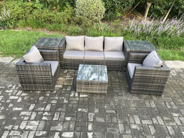 Fimous Wicker 6 Pieces Rattan Garden Furniture Sofa Set with Armchair 2 Side Tables Square Coffee Table in Dark Grey - image 1