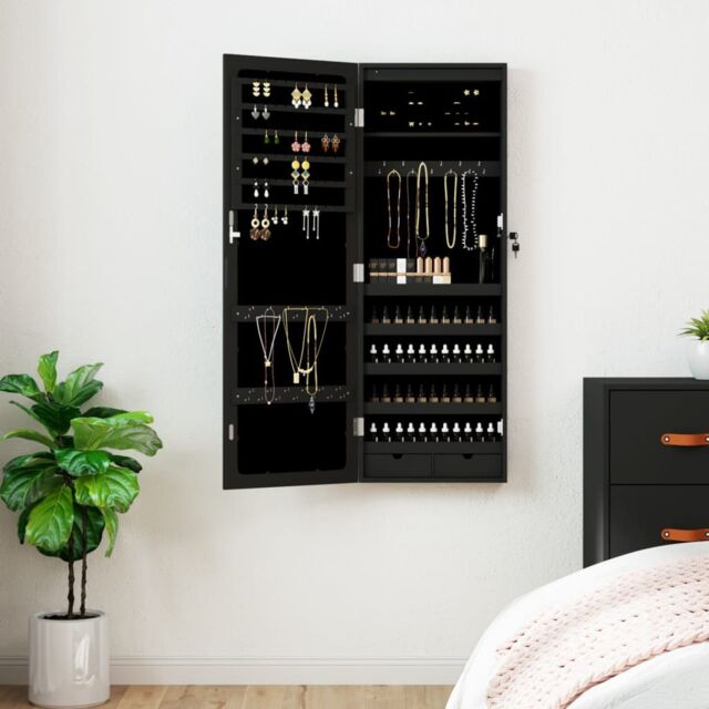 Berkfield Home Mirror Jewellery Cabinet with LED Lights Wall Mounted Black - image 1