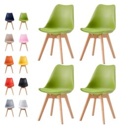 MCC Direct Set of 4 Dining Chairs Wooden Legs & Padded Seat Cushions Eva in Green - thumbnail 1