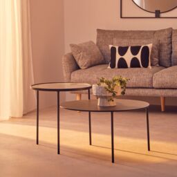 Orsina Layered Round Coffee Table, Metal & Glass Top Coffee Table, Black Coffee Table, Industrial Coffee Table