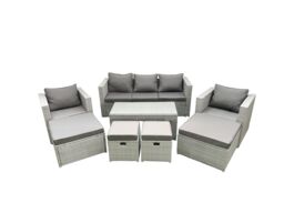 Fimous Rattan Garden Furniture Set Outdoor Lounger Sofa with Coffee Table 4 Footstools Light Grey Mixed 9 Seater - thumbnail 1